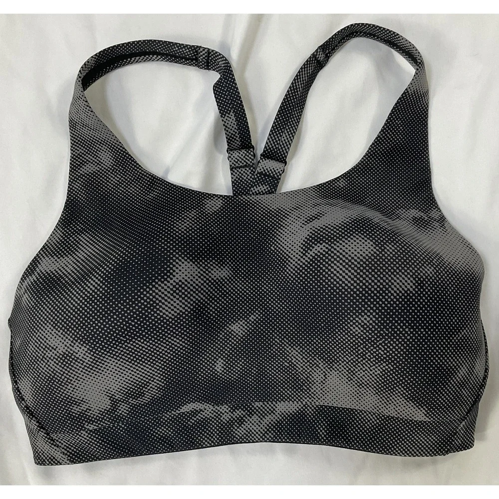 ATHLETA Printed Advance Bra Size 34 D Black Gray Adjustable Straps Athletic 432